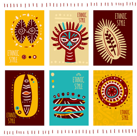Set of eye-catching card, banner, background, flyer, placard with ethnic ornaments. Collection of cards, gift tags, labels or posters templates with african tribal motifs. Vector illustration EPS8のイラスト素材