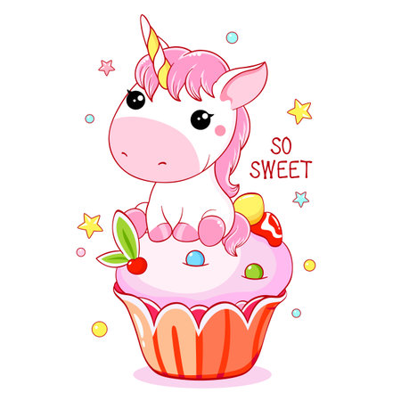 Card with cute sweet dessert in kawaii style. Lovely unicorn in muffin. Inscription So sweet. Happy smiling unicorn and cupcake. Can be used for t-shirt print, sticker, greeting card. Vector EPS8のイラスト素材