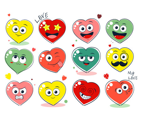 Cute Valentine heart in kawaii style. Collection of heart-shaped emoticons with different mood. Set of cute funny hearts with emoji faces in different expressions. Vector illustration EPS8のイラスト素材