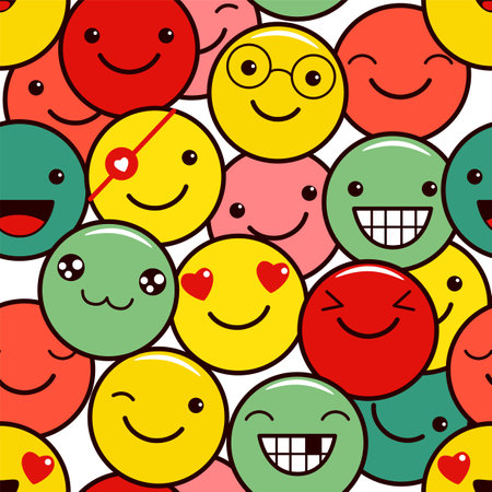 Seamless pattern with funny emoticons. Emoji faces in different expression. Endless texture can be used for textile pattern fills, t-shirt design, web page background. Vector EPS8のイラスト素材