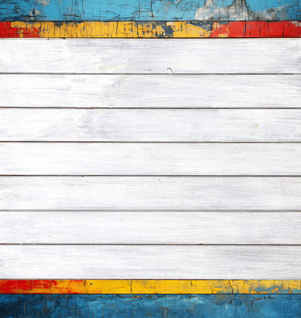 Texture of vintage wood boards with cracked paint of white, blue, yellow and red color. Horizontal retro background with old wooden planks of different colorsの写真素材