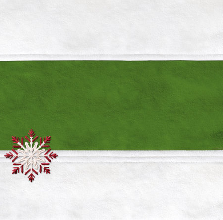 Christmas background with suede texture of green and white color and felt snowflake. Background for scrapbooking design, decoration with suede leather and seam. Mock up template. Copy space for textの写真素材