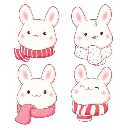 Set of little bunny in kawaii style. Winter holiday set with tiny baby rabbits in scarves. Cute rabbit expression sheet collection. Can be used for t-shirt print, sticker, greeting card. Vector EPS8のイラスト素材