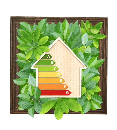 Eco friendly house. Paper home model with energy efficiency chart and green leaves on wood frame. Ecology, go green, Green Energy, environmental, conservation protection concept. Isolated on whiteの写真素材
