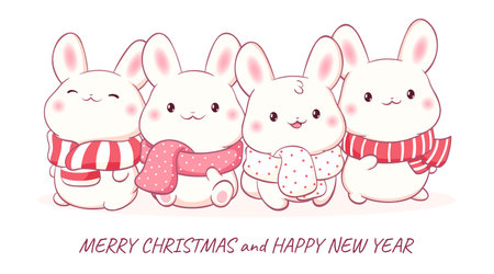 Christmas card with little bunny in kawaii style. Winter holiday card with tiny baby rabbits in scarves. Can be used for t-shirt print, sticker, greeting card. Vector illustration EPS8のイラスト素材