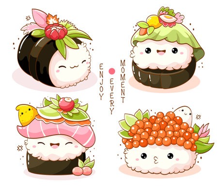 Set of cute sushi and rolls in kawaii style with smiling faces. Japanese traditional cuisine dishes. Can be used for t-shirt print, sticker, greeting card, menu design. Vector illustration EPS8のイラスト素材