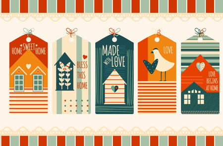 Home sweet home. Set of cute tag in retro style. Collection of vintage label in nostalgic style. Can be used for scrapbooking, greeting card, party invitation, poster, tag, sticker kit. Vector EPS8のイラスト素材