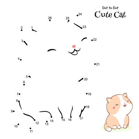 Connect The Dots and Draw Cute Cat. Dot to dot puzzle - cartoon little kitty. Educational Game for Kids. Drawing for Preschool children. Vector Illustration EPS8のイラスト素材