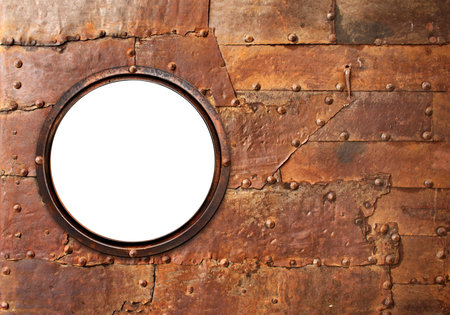 Horizontal retro background with metallic round frame and rusty metal plates. Mock up template. Copy...