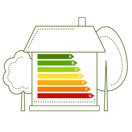 Energy efficiency chart and house symbol. Energy efficiency symbol. Energy class, bioenergetic and ecology concept. Isolated on white background. Vector illustration EPS8のイラスト素材