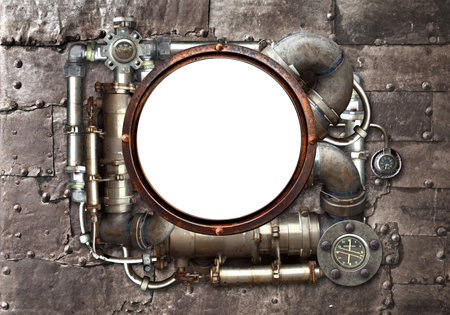 Metallic frame with vintage metal details, pipelines, gear, retro rivets. Isolated on white background. Mock up template. Copy space for text. Can be used for steampunk, industrial, mechanical designの写真素材