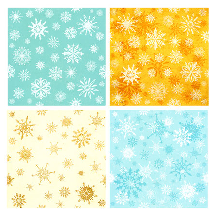 Set of square Christmas background with old paper texture of blue and yellow color and snowflakes. Collection of xmas backdrop in retro style. Copy space for textの写真素材