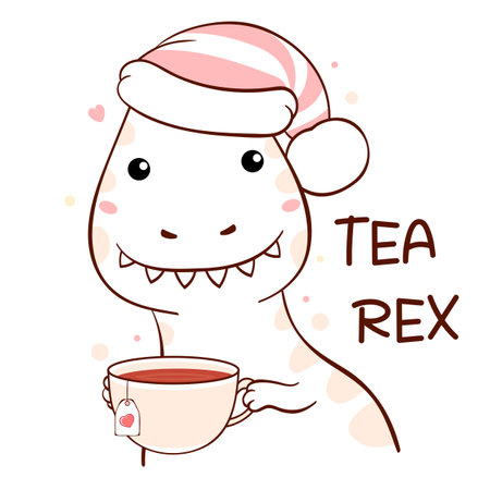 Tea Rex. Cute cartoon dinosaur with hot tea beverage. Funny dino in hat holding cup of tea. Little Tyrannosaurus with tea. Can be used for greeting card, kids t-shirt print, poster. Vector EPS8のイラスト素材