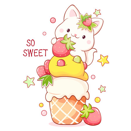 Season card in kawaii style. Cute cat with strawberry and cupcake. Little kitty and cake with whipped cream. Inscription So sweet. Can be used for t-shirt print, sticker, greeting card. Vector EPS8のイラスト素材