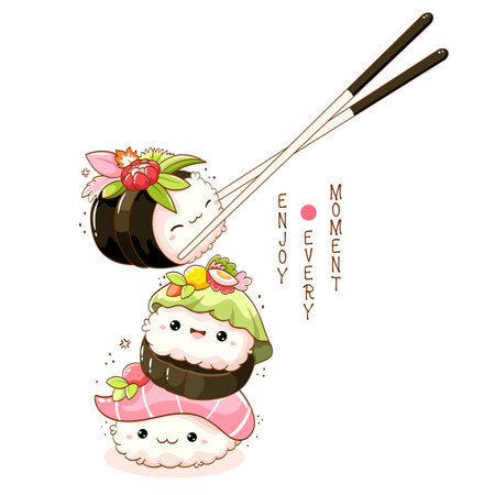 Stack of cute sushi and rolls in kawaii style with smiling faces. Japanese traditional cuisine dishes. Can be used for t-shirt print, sticker, greeting card, menu design. Vector illustration EPS8のイラスト素材