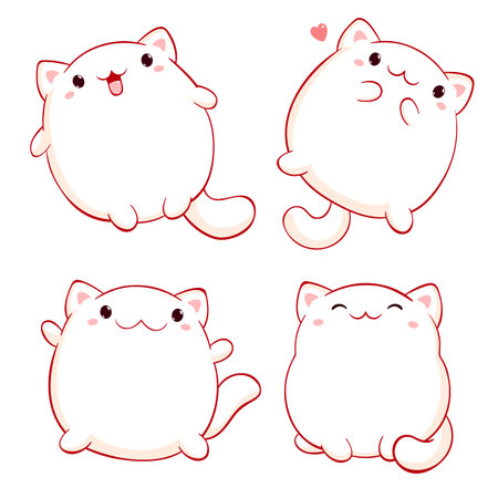 Set of cute fat cats kawaii style. Collection of lovely kitty in different poses. Baby set with little pets in kawaii style. Can be used for t-shirt print, sticker, greeting card design. Vector EPS8のイラスト素材