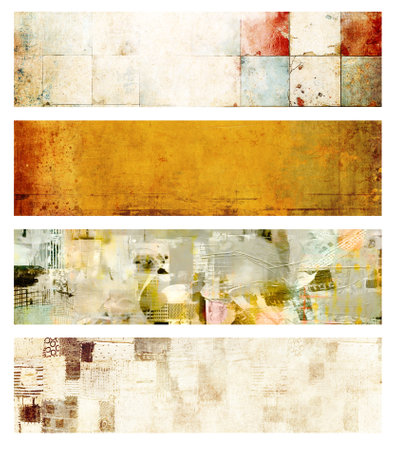 Set of vertical or horizontal banners with old paper texture and retro patterns with strips, dots and drops. Vintage backgrounds with grunge paper material. Copy space for textの写真素材