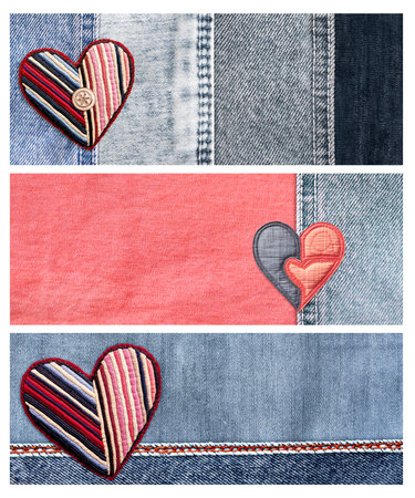 Set of horizontal banners with denim texture of blue, gray and black color with felt heart in patchwork style. Jeans fabric texture with heart-shaped textile patch. Valentine's day denim backgroundの写真素材