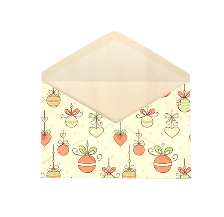 Font view of vintage opened paper envelope with Christmas pattern. Old letter in shabby chic style. Isolated on white background. Holiday decor for scrapbookingの写真素材