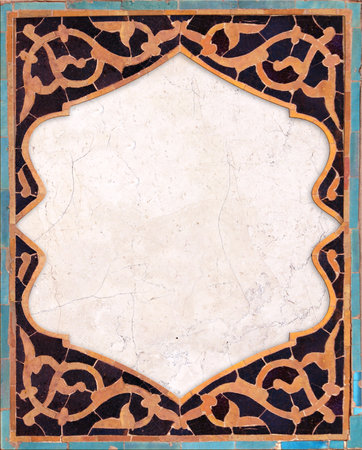 Vertical background with detail of ancient mosaic walls with floral and geometric ornament. Traditional tile decoration on wall, Samarkand, Uzbekistanの写真素材