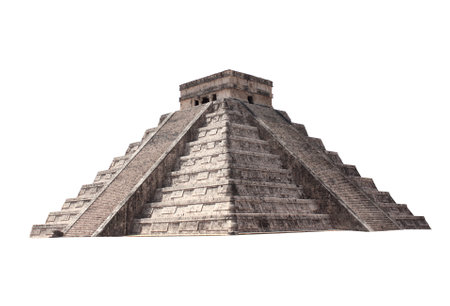 Ancient stone Mayan pyramid (Kukulcan Temple), Chichen Itza, Yucatan, Mexico. The topic of summer vacation, travel, trip abroad on vacation, cruises and tours. Isolated on white backgroundの写真素材