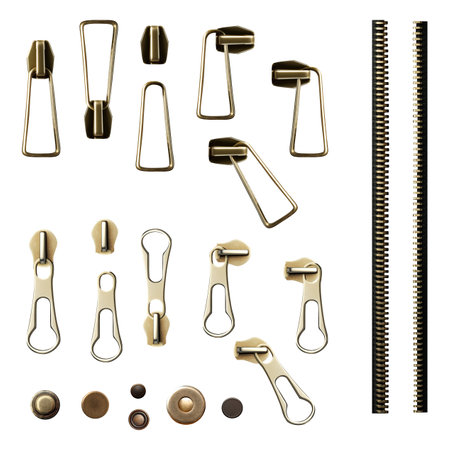 Set of zipper or fastener. Pullers and zippers for clothes and garments. Collection of simple metal components for fastening piece of clothing. Isolated on white backgroundの写真素材