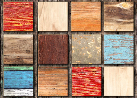 Horizontal background with wooden pattern of different colors. Samples textures of wooden flooring laminate. Parquet timber sample set. Natural material template. Collection of lumber textureの写真素材