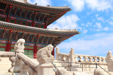 Stone figures of mythical creatures, Geunjeongjeon Hall, Gyeongbokgung palace, Seoul, South Korea. Stone statues of animals near to Main throne hall, Gyeongbokgung Palace Complex, Republic of Koreaの写真素材