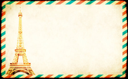 Retro Mail frame postcard with blue and red stripes. Blank letter paper envelope with Eiffel Tower in Paris. Mock up template envelope. Vintage background with paper texture and blank messageの写真素材