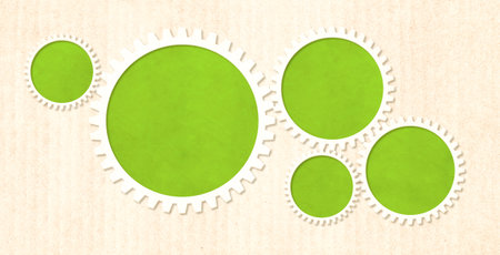 Horizontal banner with gears-shaped frames from recycled paper. Sustainable development of strategy approach to zero waste, responsible consumption. Reuse, renewable resource, eco-friendly conceptの写真素材