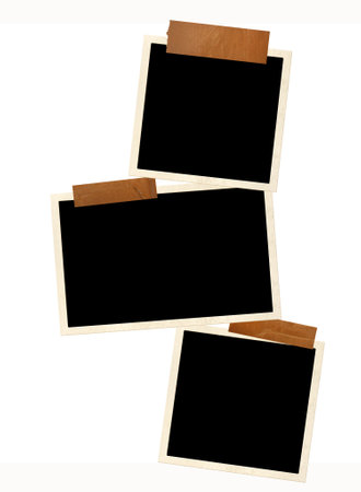 Template collage with three retro frame photos and adhesive tape stripes. Moodboard pictures album for scrapbooking. Vintage style mood board layout. Isolated on white background. Copy space for photoの写真素材