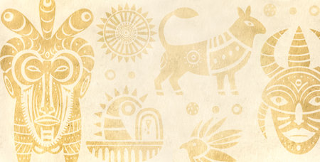 Background with ethnic ornament on grunge texture of retro paper. Horizontal cardboard banner with African tribal motifs. Old paper texture and silhouettes of animal, bird, mask, abstract decorの写真素材