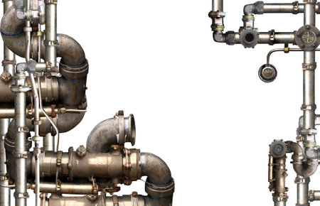 Vintage steampunk decoration with pipes. Retro pipelines and pipe elbow. Industrial backdrop with old pipeline. Oil, gas or steam pipeline with fittings and valves. Isolated on white backgroundの写真素材