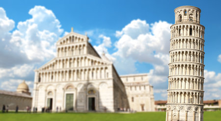 Horizontal banner with Leaning Tower of Pisa and Cathedral Santa Maria Assunta, Piazza dei Miracoli, Pisa, Tuscany, Italy. Summer vacation, travel, trip abroad on vacation, cruises and tours conceptの写真素材