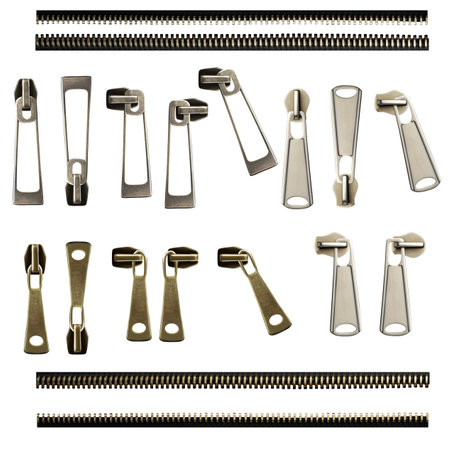 Set of zipper or fastener. Pullers and zippers for clothes and garments. Collection of simple metal components for fastening piece of clothing. Isolated on white backgroundの写真素材