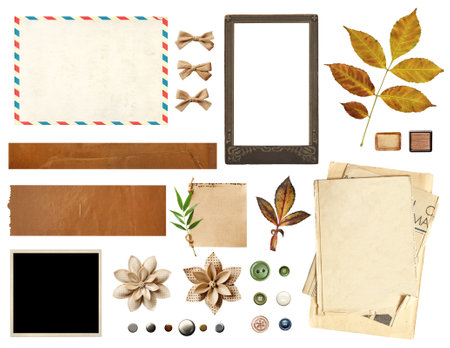 Collection of vintage elements for scrapbooking. Nostalgic set of retro photo, linen bow, dry pressed flower, buttons, postcard, envelope, paper tag. Mockup template. Isolated on white backgroundの写真素材