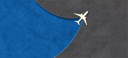 Simple background with airplane in paper cut style. Cutout paper jet on carton backdrop. Copy space for text. Traveling the world, air travel, trip abroad on vacation, cruises and tours conceptの写真素材