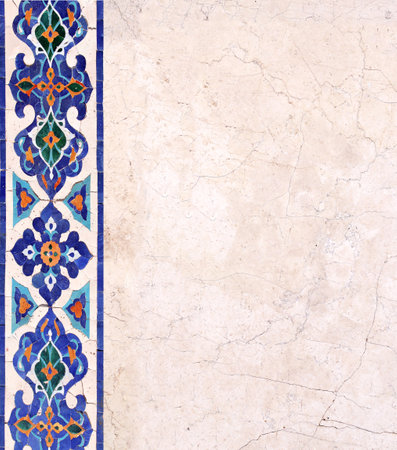 Detail of traditional persian mosaic wall with tile ornament. Horizontal or vertical background with ceramic tile frame. Mock up template. Copy space for textの写真素材