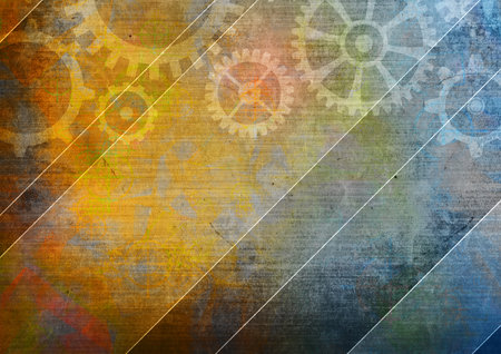 Horizontal banner with frame with vintage metal gear on retro paper texture. Mock up template. Copy...