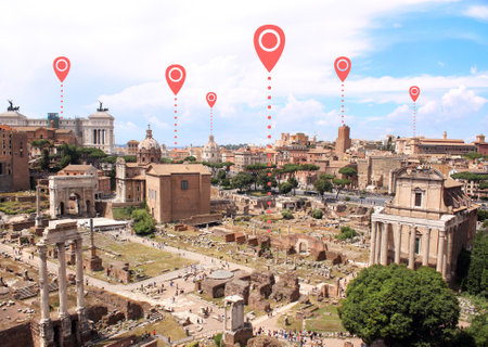 Top view on Roman forum, Rome, Italy and location pin. Planning a tourist trip. Travel way,  find...