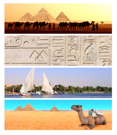 Collection of horizontal banners with famous landmarks of Egypt. Topic of summer vacation, travel,...