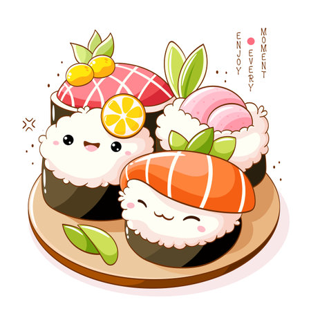 Set of cute sushi and rolls in kawaii style with smiling faces. Japanese traditional cuisine dishes. Can be used for t-shirt print, sticker, greeting card, menu design. Vector illustration EPS8のイラスト素材