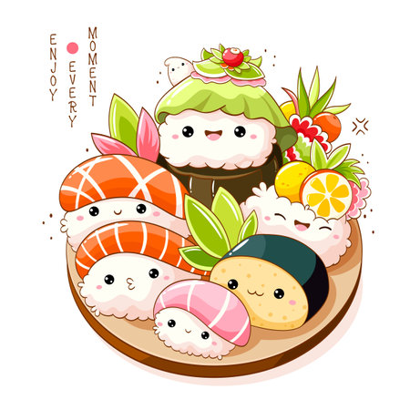 Set of cute sushi and rolls in kawaii style with smiling faces. Japanese traditional cuisine dishes. Can be used for t-shirt print, sticker, greeting card, menu design. Vector illustration EPS8のイラスト素材