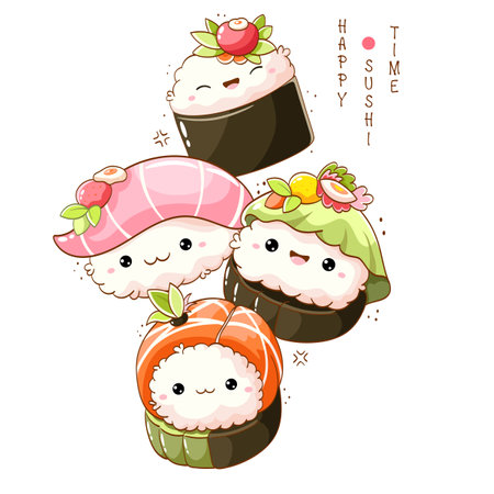 Set of cute sushi and rolls in kawaii style with smiling faces. Japanese traditional cuisine dishes. Can be used for t-shirt print, sticker, greeting card, menu design. Vector illustration EPS8のイラスト素材