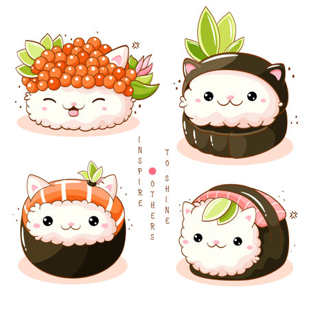 Set of cute cat-shaped sushi and rolls in kawaii style. Japanese traditional cuisine dishes. Can be used for t-shirt print, sticker, greeting card, menu design. Vector illustration EPS8のイラスト素材