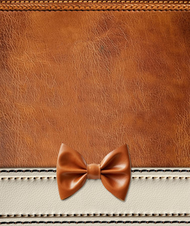 Vertical leather background of brown color with decorative braided edging, border of ivory color and bow. Decorative backdrop with cowhide texture. Mock up template. Copy space for textの写真素材