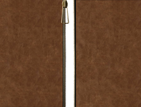 Leather background with zipper opened. Unzipped zipper or fastener. Open zip and leather texture of brown color. Isolated on white background. Copy space for textの写真素材