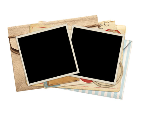 Two retro photo frame on vintage envelope. Nostalgic scrapbooking style. Mock up template. Copy space for text. Isolated on white backgroundの写真素材