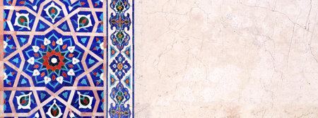Detail of traditional persian mosaic wall with tile ornament. Horizontal or vertical background with ceramic tile frame. Mock up template. Copy space for textの写真素材