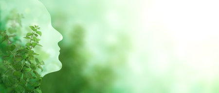 Horizontal banner with human profile made of green leaves. Sustainable development of strategy approach to zero waste, responsible consumption. Reuse, ecology, renewable resource, eco-friendly conceptの写真素材